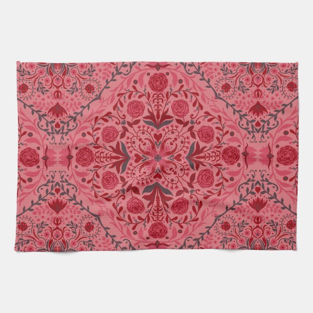Blommigt i rött och vattenmelon rosa kökshandduk (Horisontell)