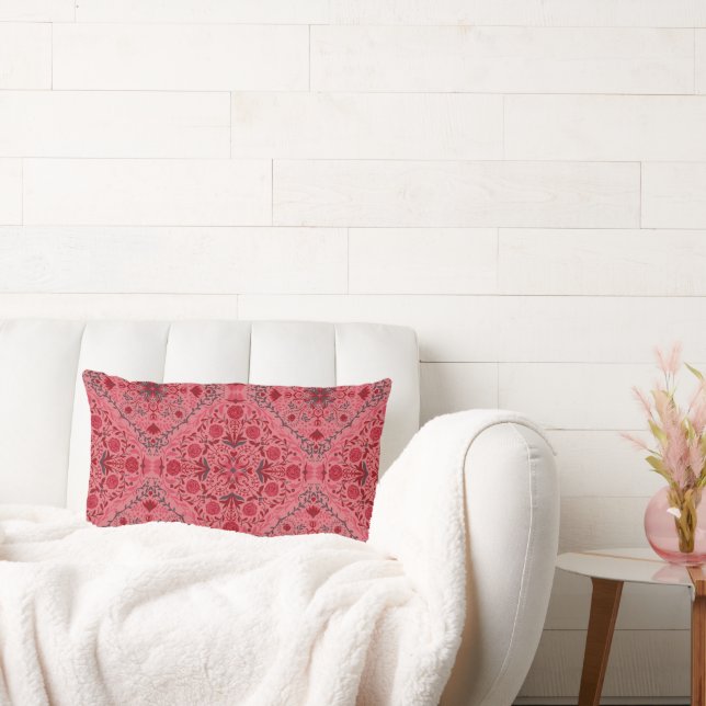 Blommigt i rött och vattenmelon rosa lumbarkudde (Soffa)