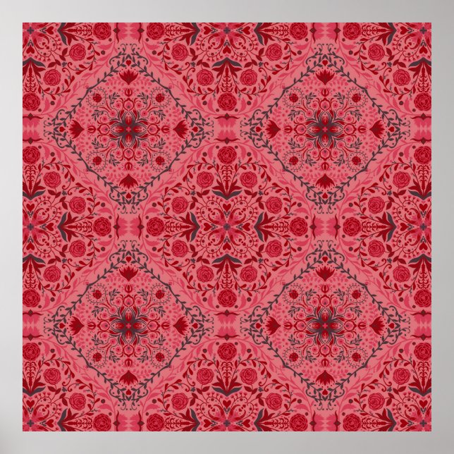 Blommigt i rött och vattenmelon rosa poster (Framsidan)