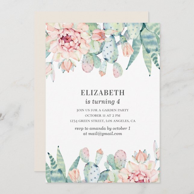 Blommigt i vattenfärg. Flicka. Barns födelsedag Inbjudningar (Fram/baksida)