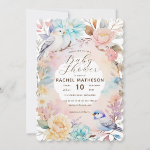 Blommigt i vattenfärgen vår och babydusch för fågl inbjudningar
