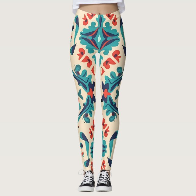 Blommigt Ikat Tiles Design Leggings (Framsida)