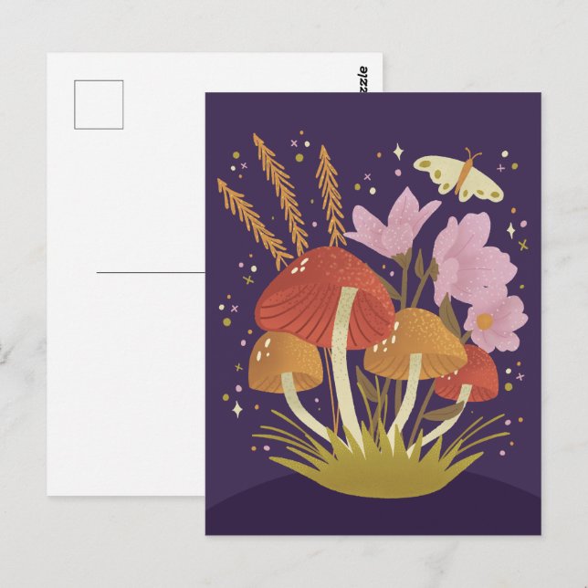 Blommigt Illustration av Woodland Mushroom Vykort (Fram/baksida)