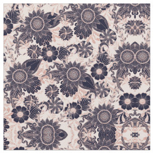 Blommigt Illustrationer i Girly Navy Ro Guld Glitt Tyg