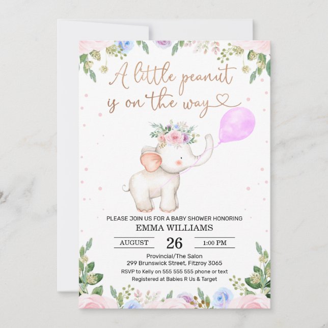 Blommigt Inbjudan till bonut Elephant Baby Shower (Framsida)