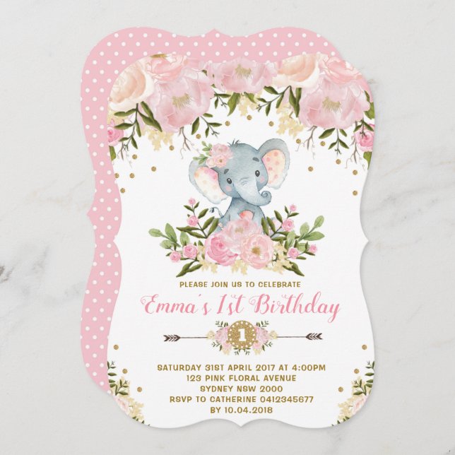 Blommigt Inbjudan till elfenbensdag till Rosa och  (Fram/baksida)