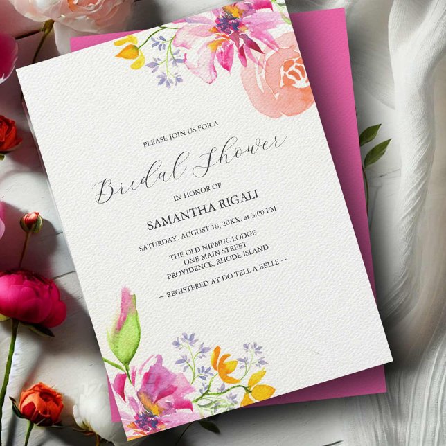 Blommigt Inbjudningskort för möhippa Vibrant Rosa (Bridal shower invitations vibrant pink watercolor floral art by Victoria Grigaliunas DoTellABelle)
