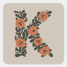 Blommigt Initial utandning Monogram K Fyrkantigt Klistermärke