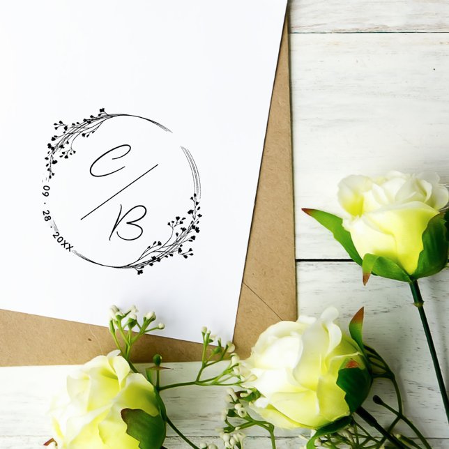 Blommigt Initialer och datum Bröllop Självfärgande Stämpel (Subtle wildflowers wreath elegant monograms save the date wedding stamp)