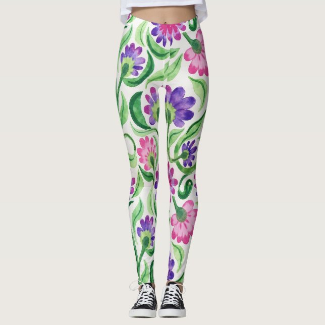 Blommigt Inslag Tie Dye Effect Mönster Leggings (Framsida)