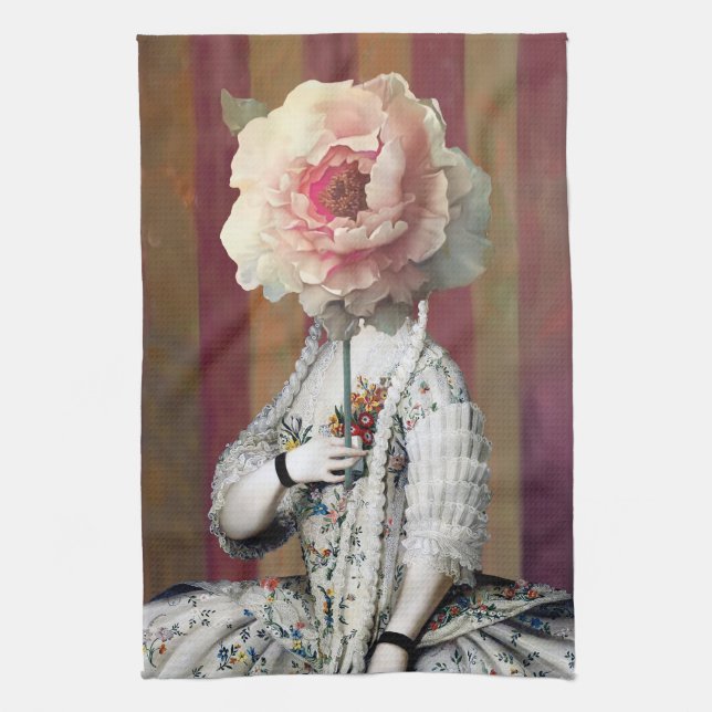 Blommigt Intrigue Rosa Peony Mask Kökshandduk (Vertikal)