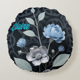 Blommigt, Isig Blue och Silver Mönster R Rund Kudde