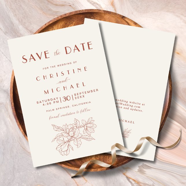 Blommigt Ivory Terracotta Elegant bröllop Spara Datumet (Floral Ivory Terracotta Elegant Wedding Save the Date Invitation with Magnolia Line Art, Website.)