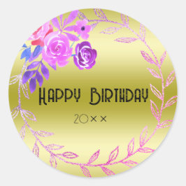 Blommigt Joy: Grattis på födelsedagen Round Sticke Runt Klistermärke