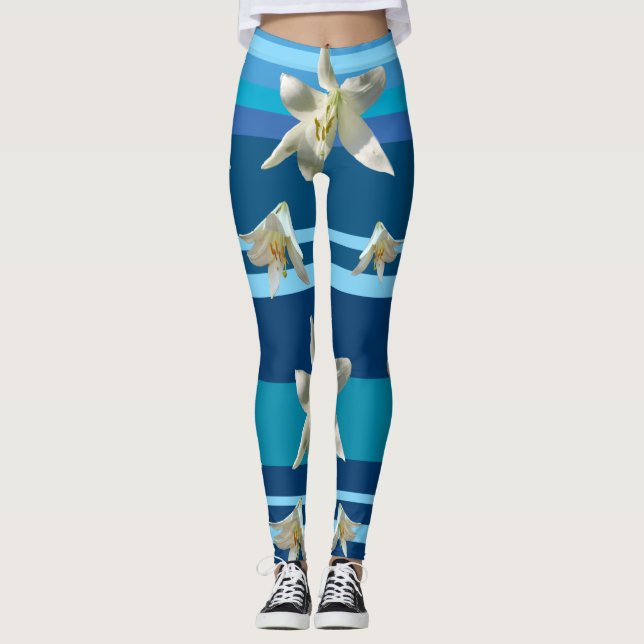Blommigt Joy in Blue Anpassningsbar Leggings (Framsida)