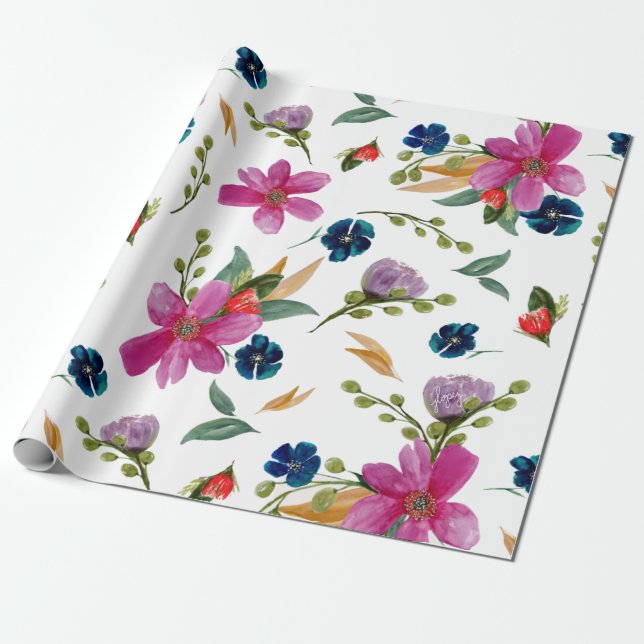 Blommigt Joyeaux Namnteckning Wrapping Papper Presentpapper (Utrullad)