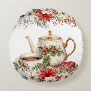 Blommigt Jul eftermiddag Tea Helgdag Rund Kudde