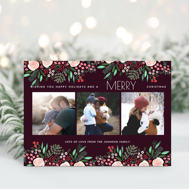 Blommigt Julfotfoto Söt Ro Botaniskt foto Julkort (Skapare uppladdad)