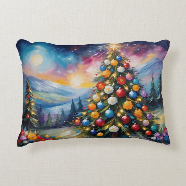 Blommigt Julgran och Pastel Night Himmel Prydnadskudde (Framsidan)