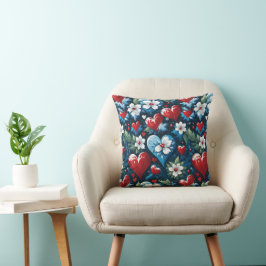 Blommigt Julhjärtan i Red Blue och Grönt Kudde
