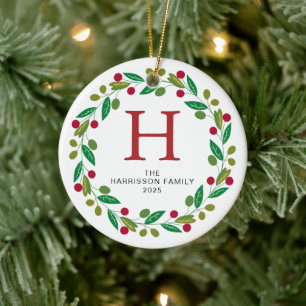 Blommigt Julkrans - familjefoto med monogrammet Julgransprydnad Keramik
