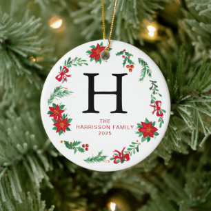 Blommigt Julkrans - familjefoto med monogrammet Julgransprydnad Keramik