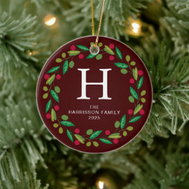 Blommigt Julkrans - familjefoto med monogrammet Julgransprydnad Keramik