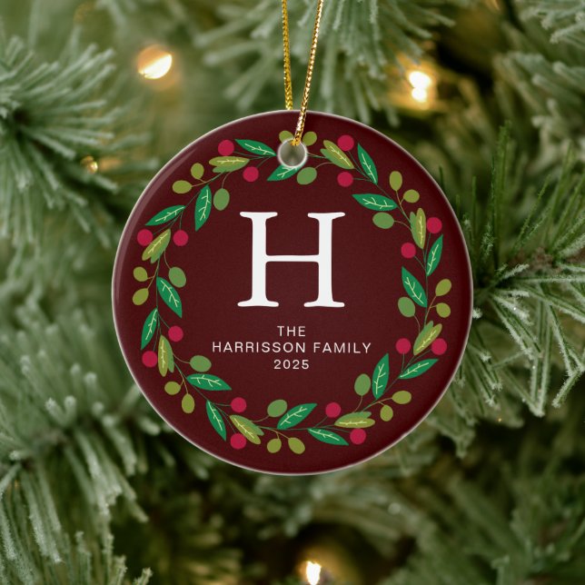 Blommigt Julkrans - familjefoto med monogrammet Julgransprydnad Keramik (Träd)