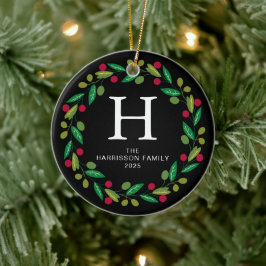 Blommigt Julkrans - familjefoto med monogrammet Julgransprydnad Keramik