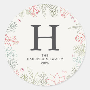 Blommigt: Julkransfamiljen Monogrammed Namn Runt Klistermärke