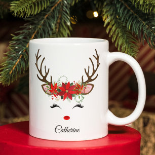 Blommigt Julrenen Personlig Namn Jumbo Mugg