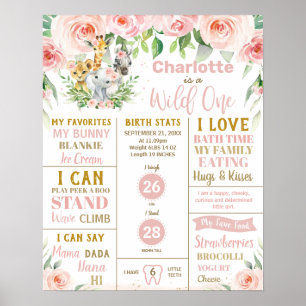 Blommigt Jungle Animals 1:a födelsedagsdelstenar Poster