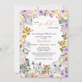 Blommigt Jungle Safari Animals Girl Baby Shower Inbjudningar