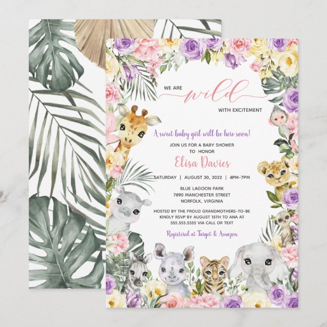 Blommigt Jungle Safari Animals Girl Baby Shower Inbjudningar (Fram/baksida)