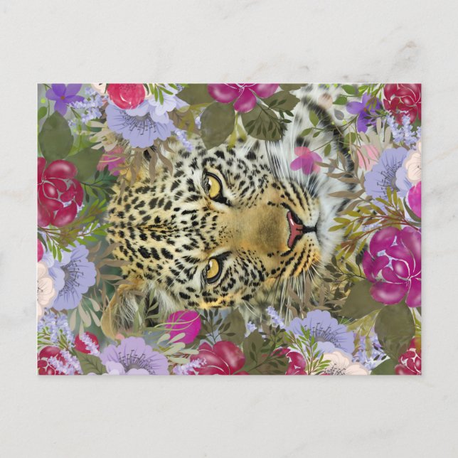 Blommigt Jungle Safari Leopard Painting Vykort (Framsida)