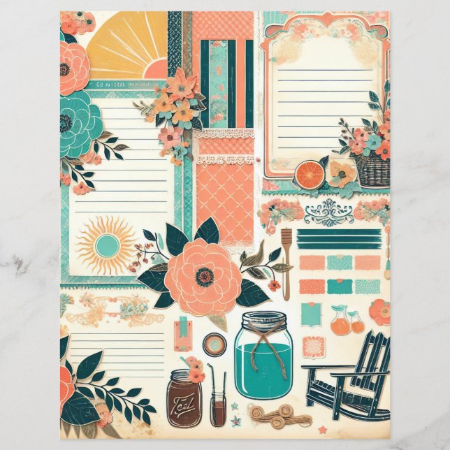 Blommigt Junk Journal Page Peach & Teal Southern (Framsida)