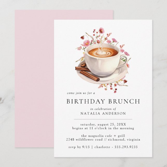 Blommigt kaffe | Cute Girly Rosa Birthday Brunch Inbjudningar (Fram/baksida)