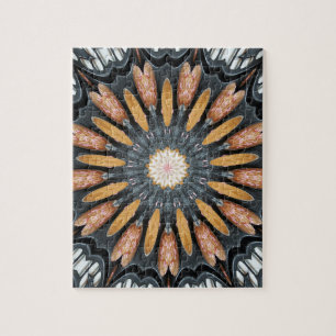 Blommigt Kaleidoscope Art Mosaic Orange Black Whit Pussel