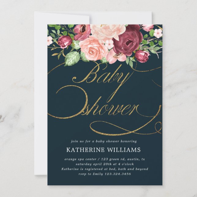 blommigt kalligraphy guld babyduschinbjudan (Framsida)
