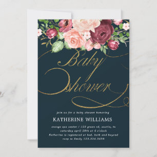 blommigt kalligraphy guld babyduschinbjudan
