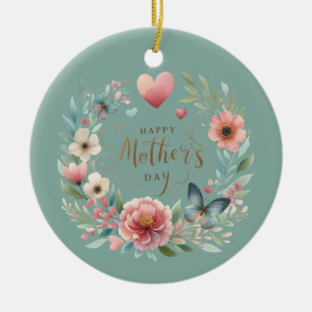 Blommigt Kand med Butterfly Lycklig Mors dag Julgransprydnad Keramik (Framsidan)