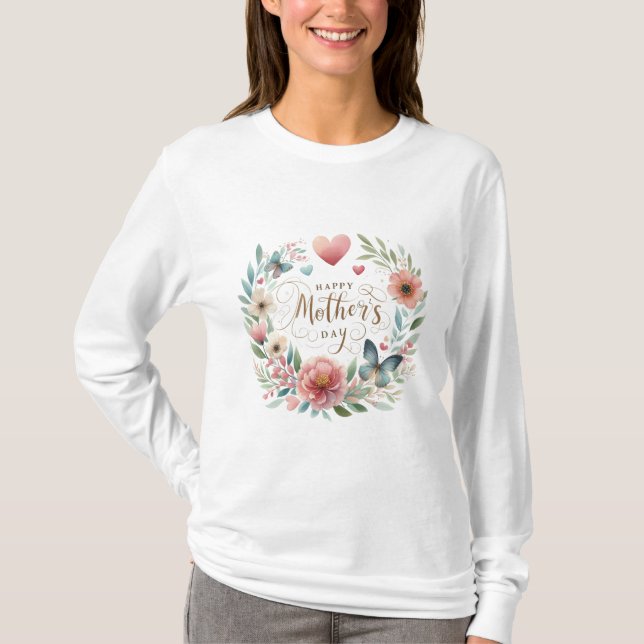 Blommigt Kand med Butterfly Lycklig Mors dag T Shirt (Framsida)
