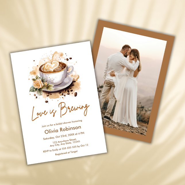 Blommigt Kärlek andas brunt foto-Möhippa Inbjudningar (Floral Love is Brewing Brown Photo Bridal Shower Invitation  )
