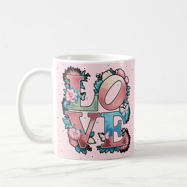 Blommigt KÄRLEK design med fjärilar Kaffemugg (Vänster)