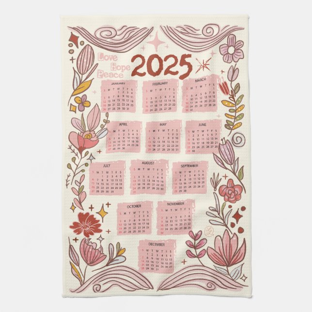 Blommigt Kärlek, Hope, Peace Towel &Lycklig 2025 Kökshandduk (Vertikal)