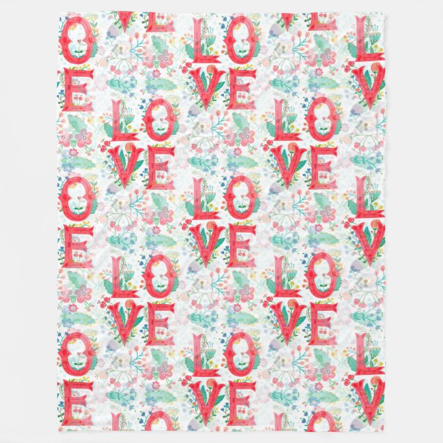 Blommigt Kärlek Lettering - Sömlös Mönster 1 Fleecefilt (Framsidan)