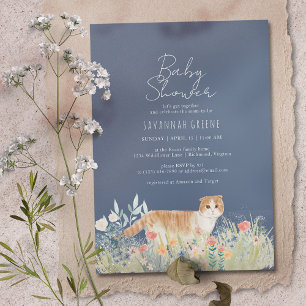 Blommigt Katt   Mörk Navy Blue   Neutralt Baby Sho Inbjudningar