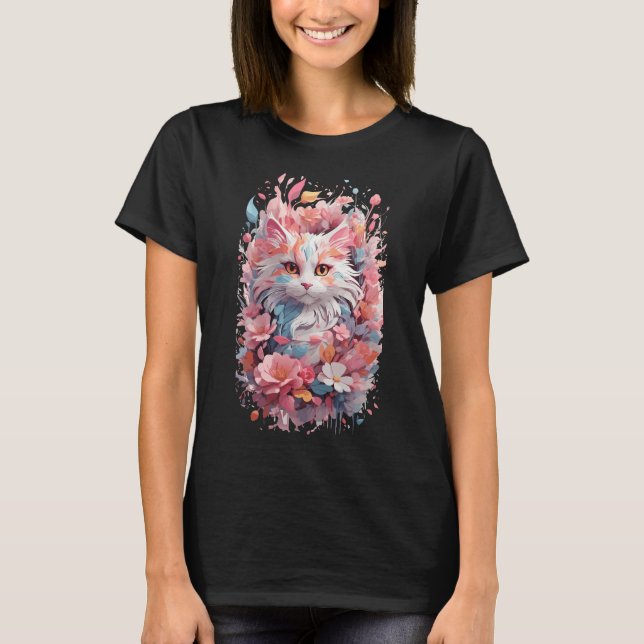 Blommigt Katt T Shirt (Framsida)