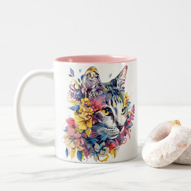 Blommigt Katt Två-Tonad Mugg (Med munk)