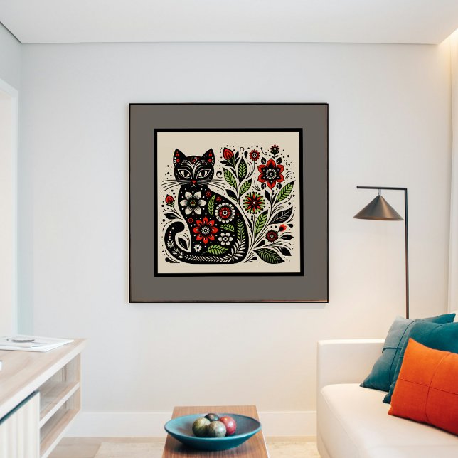 Blommigt Kattdjur Folk Art Poster (Skapare uppladdad)